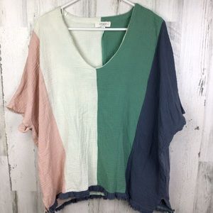 Umgee Color Block V Neck Oversized Short Sleeve Cotton Gauze Top XL Boho Natural